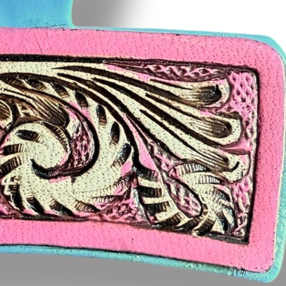 Myra Hair Comb Clip Hand-tooled Leather Gray Blue and Pink "Crimson Sands" - New - Picture 4 of 4